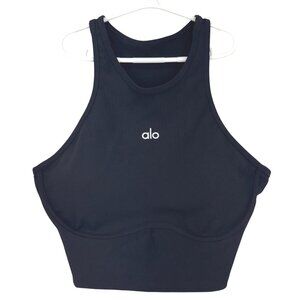 Alo Yoga High Neck Ribbed Sports Bra Tank Top Black Open Back Crop Activewear XL